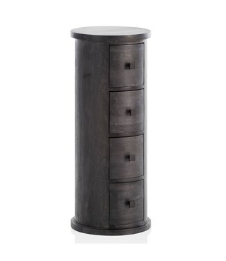 Wohnling Design Dressoir Mango Massief Hout Zwart 34x85x34 cm | Kast met 4 laden | Smalle zijkast massief | Mini ronde ladekast