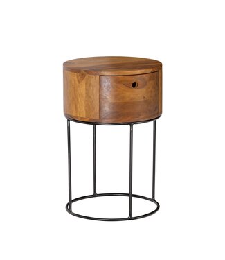 Wohnling nachtconsole Sheesham massief hout metaal 40x40x60 cm nachtkastje bruin, design nachtkastje rond boxspringbed met lade, nachtkastje met opbergruimte