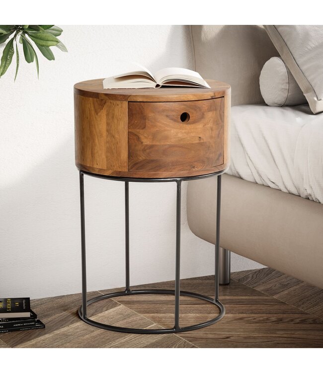 Wohnling nachtconsole Sheesham massief hout metaal 40x40x60 cm nachtkastje bruin, design nachtkastje rond boxspringbed met lade, nachtkastje met opbergruimte
