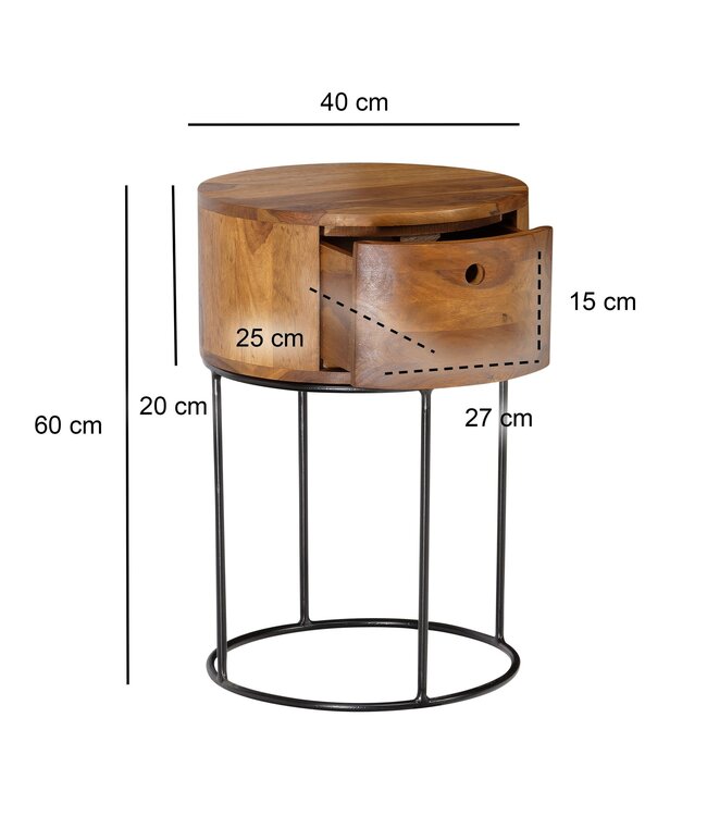 Wohnling nachtconsole Sheesham massief hout metaal 40x40x60 cm nachtkastje bruin, design nachtkastje rond boxspringbed met lade, nachtkastje met opbergruimte