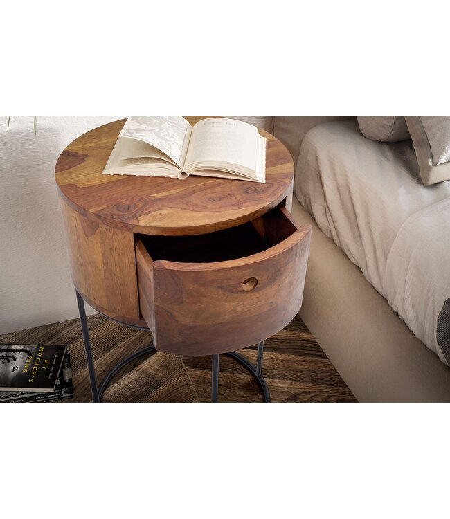 Wohnling nachtconsole Sheesham massief hout metaal 40x40x60 cm nachtkastje bruin, design nachtkastje rond boxspringbed met lade, nachtkastje met opbergruimte