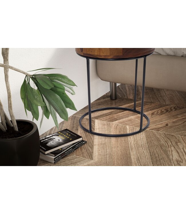 Wohnling nachtconsole Sheesham massief hout metaal 40x40x60 cm nachtkastje bruin, design nachtkastje rond boxspringbed met lade, nachtkastje met opbergruimte