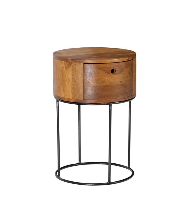Wohnling nachtconsole Sheesham massief hout metaal 40x40x60 cm nachtkastje bruin, design nachtkastje rond boxspringbed met lade, nachtkastje met opbergruimte