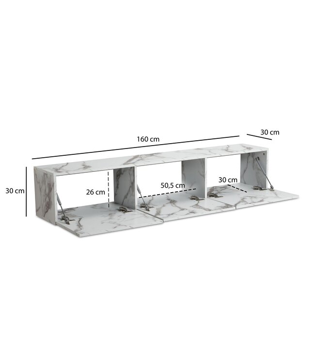 Wohnling Lowboard hangend marmerlook wit 160x30x30 cm tv-meubel, design tv-tafel met vouwdeuren modern, tv-kastwand, tv-ladekast tv-ladekast om op te hangen