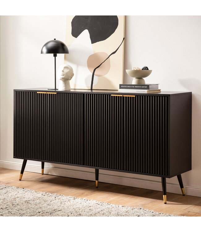 Wohnling Dressoir 150x81x39 cm Dressoir Zwart met Eiken Decor, Ladekast met Deuren, Ladekast Halkast Modern, Staande Kast Woonkamer Metalen Poten