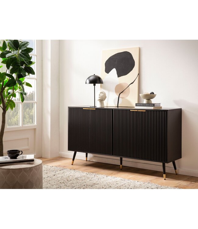 Wohnling Dressoir 150x81x39 cm Dressoir Zwart met Eiken Decor, Ladekast met Deuren, Ladekast Halkast Modern, Staande Kast Woonkamer Metalen Poten