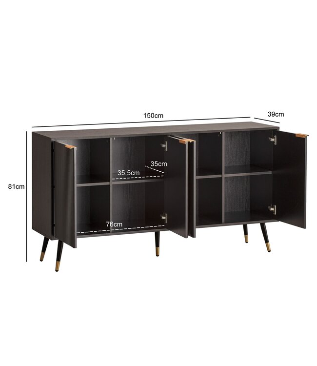 Wohnling Dressoir 150x81x39 cm Dressoir Zwart met Eiken Decor, Ladekast met Deuren, Ladekast Halkast Modern, Staande Kast Woonkamer Metalen Poten