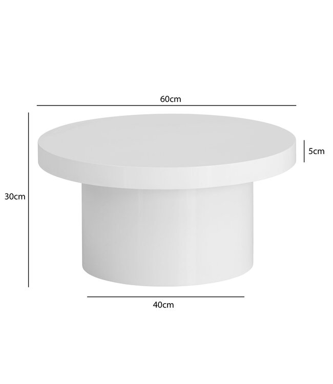 Wohnling salontafel 60x60x30 cm witte salontafel in hoogglans modern, design salontafel rond, lounge salontafel in paddenstoelvorm, salontafel bijzettafel klein