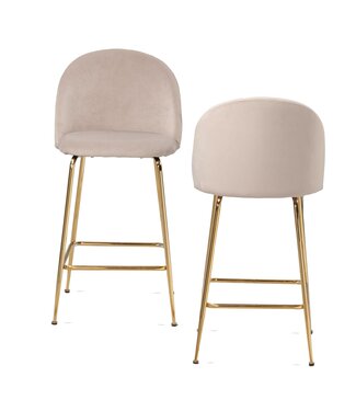Wohnling set van 2 barkrukken, fluwelen beige kruk met rugleuning en gouden poten, keukenkruk Scandinavische stof / metaal 110 kg, design barkruk, tegenkruk, bistrokruk gestoffeerd
