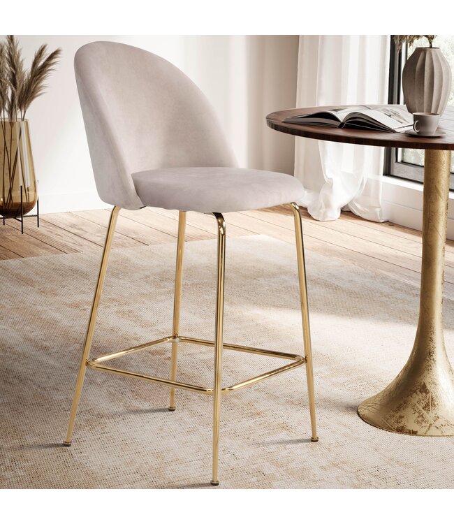 Wohnling set van 2 barkrukken, fluwelen beige kruk met rugleuning en gouden poten, keukenkruk Scandinavische stof / metaal 110 kg, design barkruk, tegenkruk, bistrokruk gestoffeerd