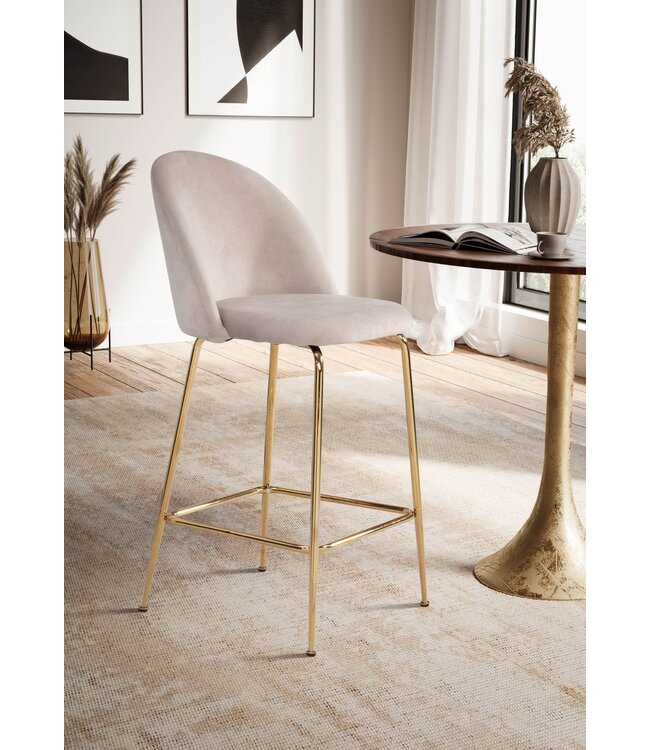 Wohnling set van 2 barkrukken, fluwelen beige kruk met rugleuning en gouden poten, keukenkruk Scandinavische stof / metaal 110 kg, design barkruk, tegenkruk, bistrokruk gestoffeerd