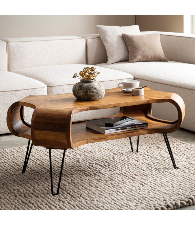 Wohnling salontafel 100x60x47 cm Sheesham massief hout metalen salontafel, design woonkamertafel rechthoekig met opbergruimte, massieve salontafel, grote tafel woonkamer met haarspeldpoten