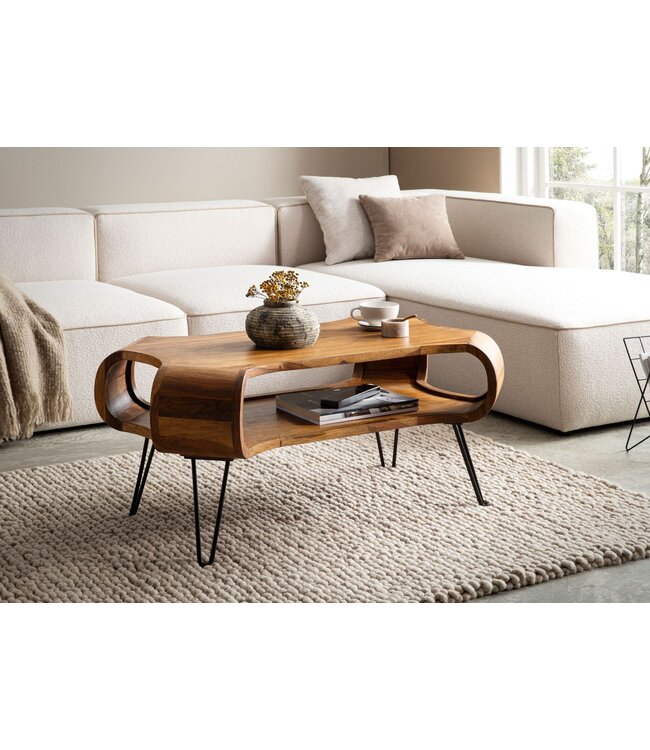 Wohnling salontafel 100x60x47 cm Sheesham massief hout metalen salontafel, design woonkamertafel rechthoekig met opbergruimte, massieve salontafel, grote tafel woonkamer met haarspeldpoten