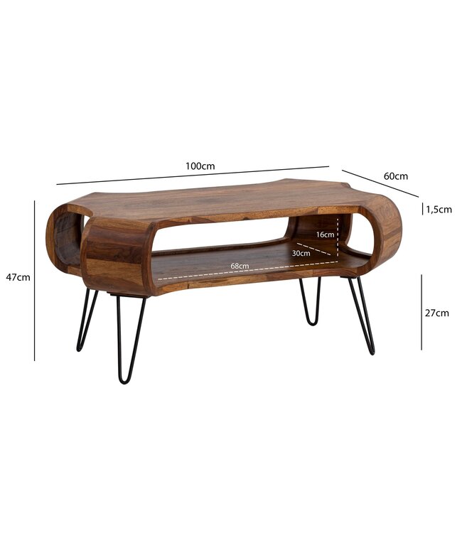 Wohnling salontafel 100x60x47 cm Sheesham massief hout metalen salontafel, design woonkamertafel rechthoekig met opbergruimte, massieve salontafel, grote tafel woonkamer met haarspeldpoten