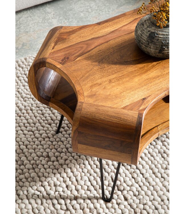 Wohnling salontafel 100x60x47 cm Sheesham massief hout metalen salontafel, design woonkamertafel rechthoekig met opbergruimte, massieve salontafel, grote tafel woonkamer met haarspeldpoten