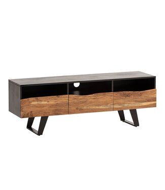 Wohnling Lowboard acacia massief hout 140x50x40 cm boomrand tv-kast zwart, design tv-kast hoog met lade, tv-tafel tv-kast modern met deuren, tv-kast woonkamer