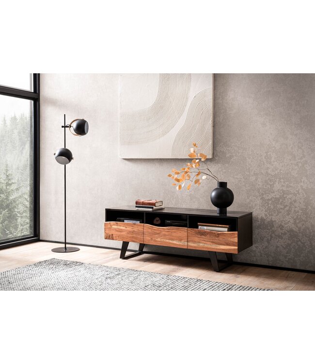 Wohnling Lowboard acacia massief hout 140x50x40 cm boomrand tv-kast zwart, design tv-kast hoog met lade, tv-tafel tv-kast modern met deuren, tv-kast woonkamer