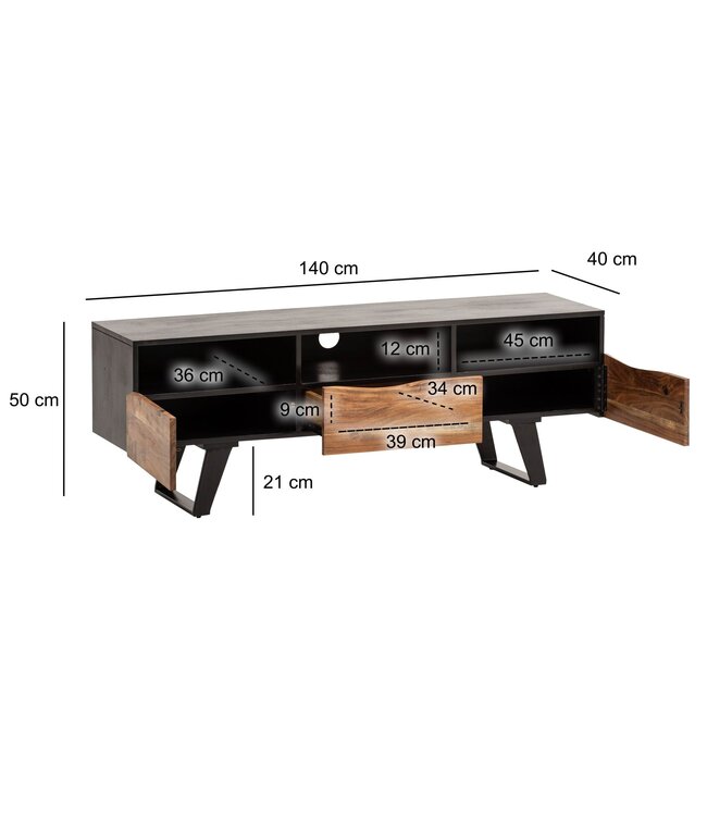 Wohnling Lowboard acacia massief hout 140x50x40 cm boomrand tv-kast zwart, design tv-kast hoog met lade, tv-tafel tv-kast modern met deuren, tv-kast woonkamer