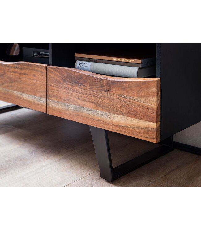 Wohnling Lowboard acacia massief hout 140x50x40 cm boomrand tv-kast zwart, design tv-kast hoog met lade, tv-tafel tv-kast modern met deuren, tv-kast woonkamer