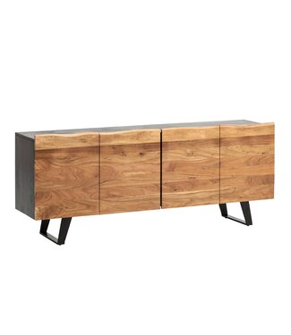Wohnling dressoir acacia massief hout 180x75x45 cm dressoir zwart met boomrand, ladekast met deuren, ladekast halkast modern, staande kast woonkamer met metalen poten
