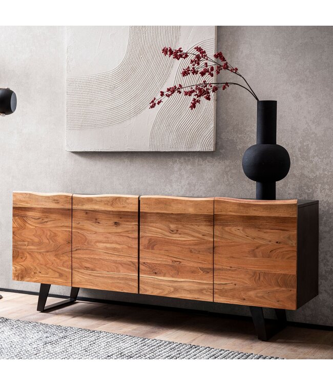 Wohnling dressoir acacia massief hout 180x75x45 cm dressoir zwart met boomrand, ladekast met deuren, ladekast halkast modern, staande kast woonkamer met metalen poten