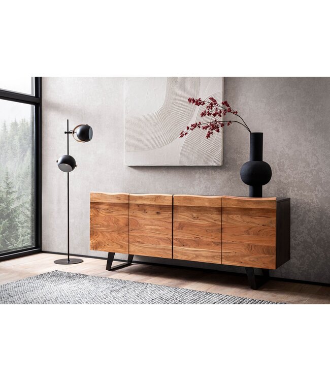Wohnling dressoir acacia massief hout 180x75x45 cm dressoir zwart met boomrand, ladekast met deuren, ladekast halkast modern, staande kast woonkamer met metalen poten