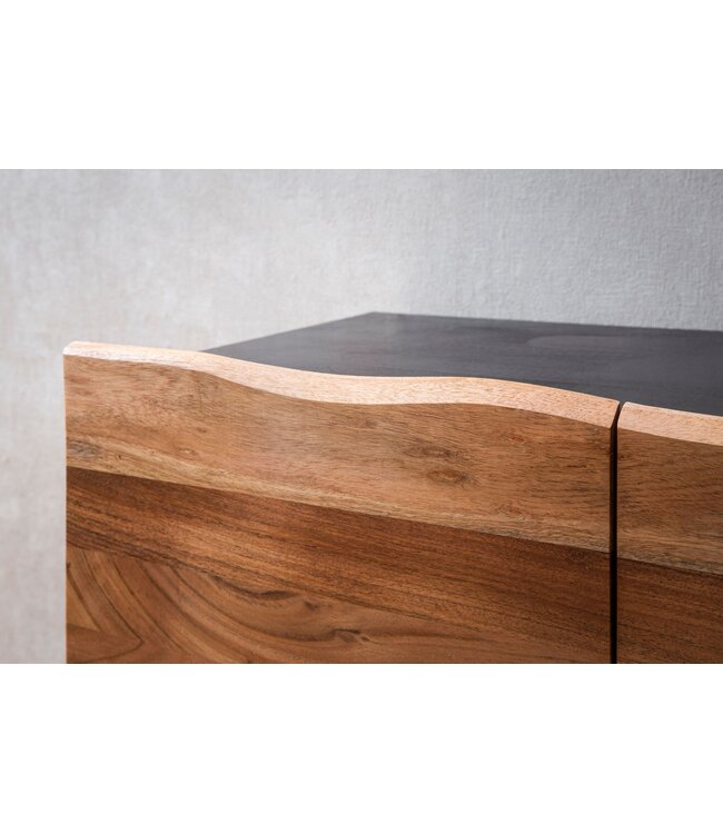 Wohnling dressoir acacia massief hout 180x75x45 cm dressoir zwart met boomrand, ladekast met deuren, ladekast halkast modern, staande kast woonkamer met metalen poten