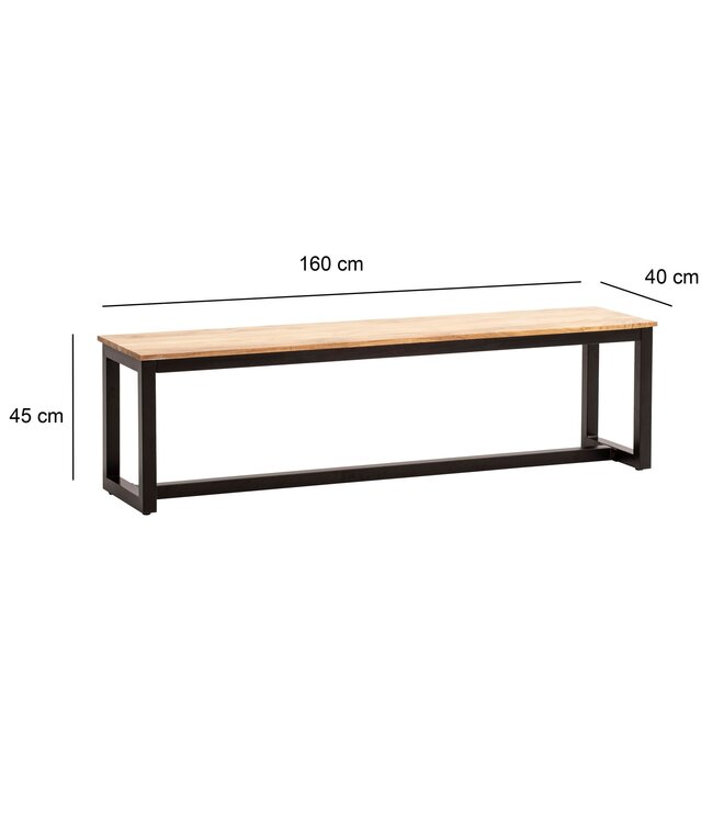 Wohnling eetkamerbank 160x40x45 cm acacia massief hout metaal loftstijl, eettafelbank massief houten bank zonder rugleuning, keukenbank eetkamerbank industrieel, eetkamerbank groot