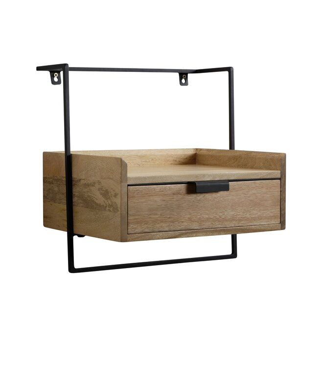 Wohnling nachtconsole voor wandmontage 44x45x35 cm mango massief hout lichtbruin, nachtkastje met lade, zwevende wandplank voor boxspringbed, nachtkastje hangend
