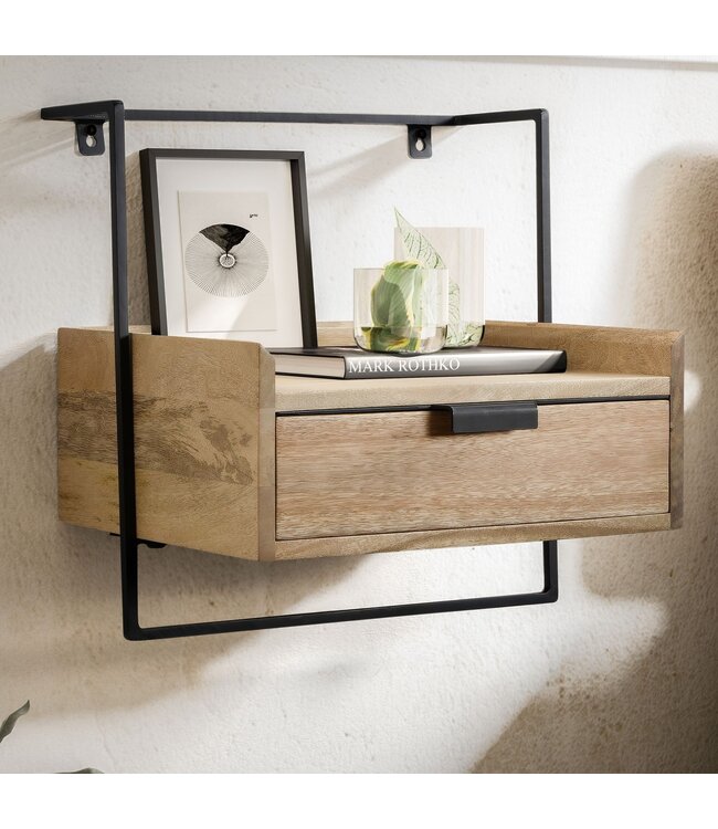 Wohnling nachtconsole voor wandmontage 44x45x35 cm mango massief hout lichtbruin, nachtkastje met lade, zwevende wandplank voor boxspringbed, nachtkastje hangend
