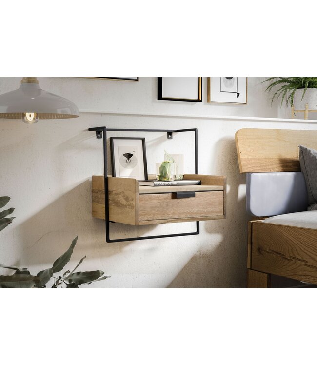 Wohnling nachtconsole voor wandmontage 44x45x35 cm mango massief hout lichtbruin, nachtkastje met lade, zwevende wandplank voor boxspringbed, nachtkastje hangend