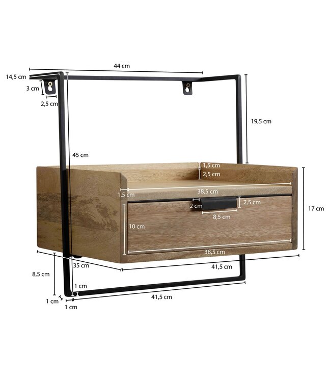 Wohnling nachtconsole voor wandmontage 44x45x35 cm mango massief hout lichtbruin, nachtkastje met lade, zwevende wandplank voor boxspringbed, nachtkastje hangend