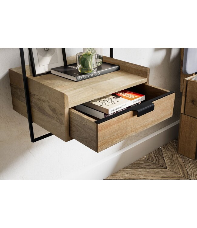 Wohnling nachtconsole voor wandmontage 44x45x35 cm mango massief hout lichtbruin, nachtkastje met lade, zwevende wandplank voor boxspringbed, nachtkastje hangend