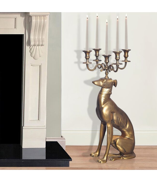 Wohnling Kaarsenhouder Greyhound Aluminium Goud 69 cm 5-armige kandelaar, metalen kandelaar voor vijf kaarsen, vloerkaarsenhouder modern, woonaccessoire hond