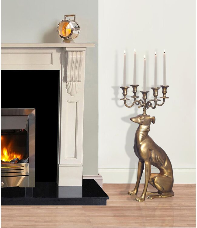 Wohnling Kaarsenhouder Greyhound Aluminium Goud 69 cm 5-armige kandelaar, metalen kandelaar voor vijf kaarsen, vloerkaarsenhouder modern, woonaccessoire hond