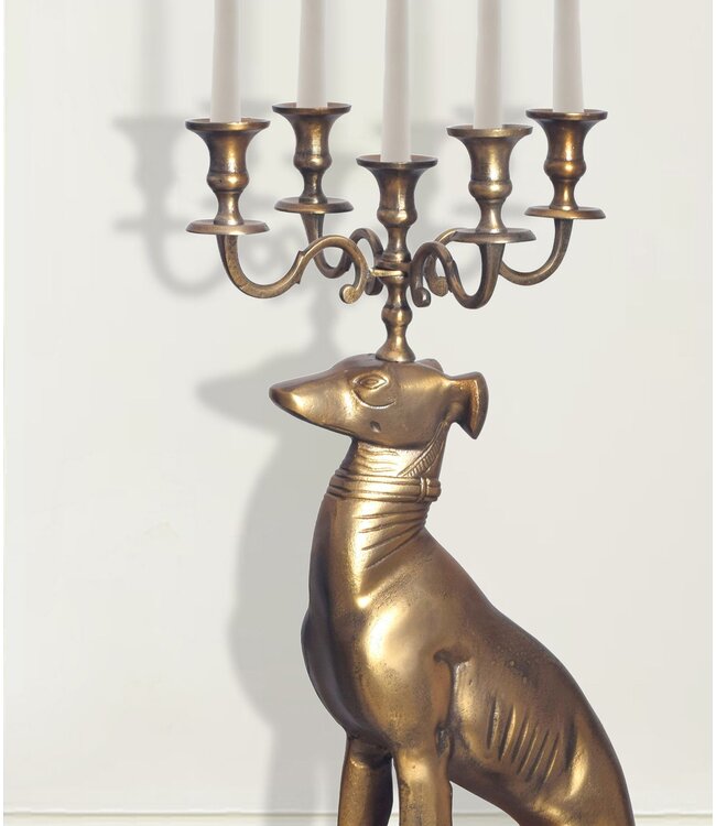 Wohnling Kaarsenhouder Greyhound Aluminium Goud 69 cm 5-armige kandelaar, metalen kandelaar voor vijf kaarsen, vloerkaarsenhouder modern, woonaccessoire hond