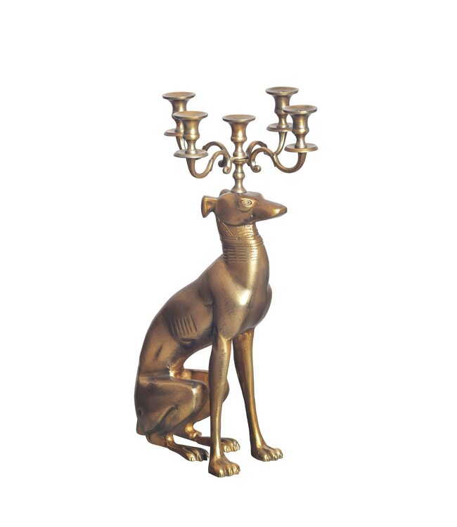 Wohnling Kaarsenhouder Greyhound Aluminium Goud 69 cm 5-armige kandelaar, metalen kandelaar voor vijf kaarsen, vloerkaarsenhouder modern, woonaccessoire hond