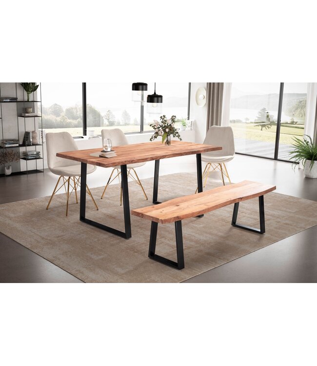Wohnling eettafel 140x80x76 cm acacia massief hout / metaal eettafel boomrand, massieve keukentafel met trapeziumpoten in zwart, houten tafel eettafel eetkamer rechthoekig
