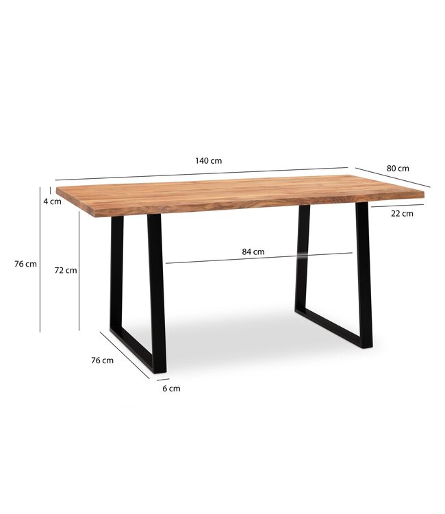 Wohnling eettafel 140x80x76 cm acacia massief hout / metaal eettafel boomrand, massieve keukentafel met trapeziumpoten in zwart, houten tafel eettafel eetkamer rechthoekig