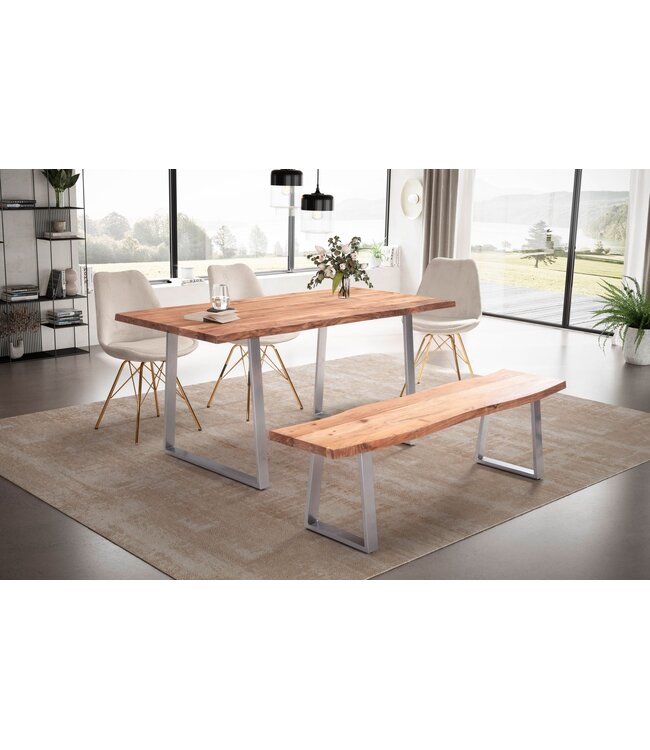 Wohnling eetkamertafel 140x80x76 cm acacia massief hout / metaal eettafel boomrand, keukentafel massief met trapeziumvormige poten in chroom, houten tafel eettafel eetkamer rechthoekig