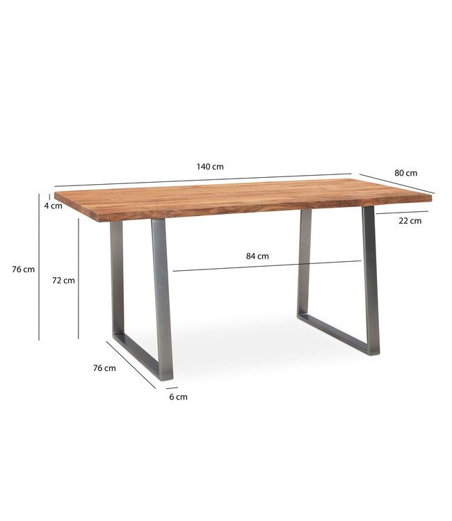 Wohnling eetkamertafel 140x80x76 cm acacia massief hout / metaal eettafel boomrand, keukentafel massief met trapeziumvormige poten in chroom, houten tafel eettafel eetkamer rechthoekig