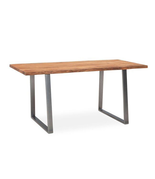 Wohnling eetkamertafel 140x80x76 cm acacia massief hout / metaal eettafel boomrand, keukentafel massief met trapeziumvormige poten in chroom, houten tafel eettafel eetkamer rechthoekig