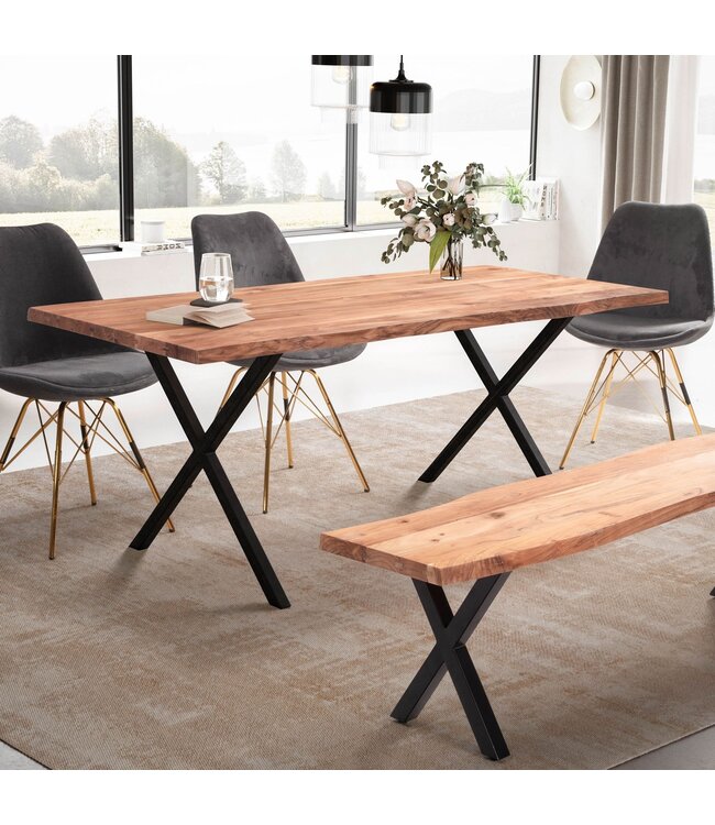 Wohnling eettafel 140x80x76 cm acacia massief hout/metaal eettafel boomrand, massieve keukentafel met X-poten in zwart, houten tafel eettafel eetkamer rechthoekig