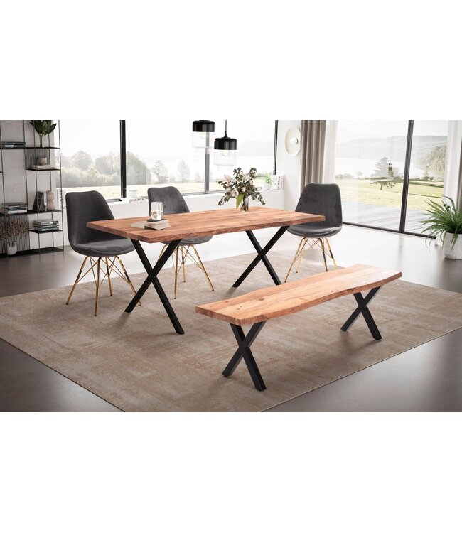 Wohnling eettafel 140x80x76 cm acacia massief hout/metaal eettafel boomrand, massieve keukentafel met X-poten in zwart, houten tafel eettafel eetkamer rechthoekig