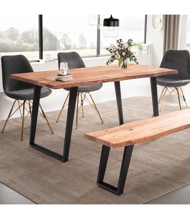 Wohnling eettafel 140x80x76 cm acacia massief hout/metaal eettafel boomrand, massieve keukentafel met U-poten in zwart, houten tafel eettafel eetkamer rechthoekig