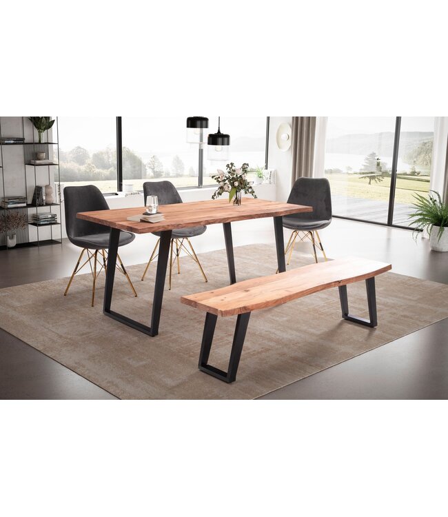 Wohnling eettafel 140x80x76 cm acacia massief hout/metaal eettafel boomrand, massieve keukentafel met U-poten in zwart, houten tafel eettafel eetkamer rechthoekig
