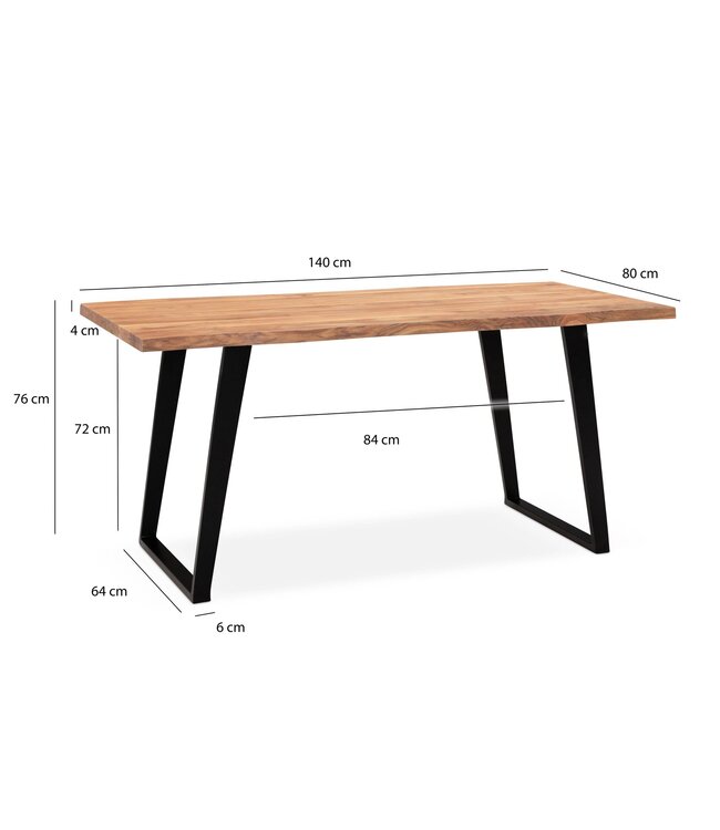 Wohnling eettafel 140x80x76 cm acacia massief hout/metaal eettafel boomrand, massieve keukentafel met U-poten in zwart, houten tafel eettafel eetkamer rechthoekig