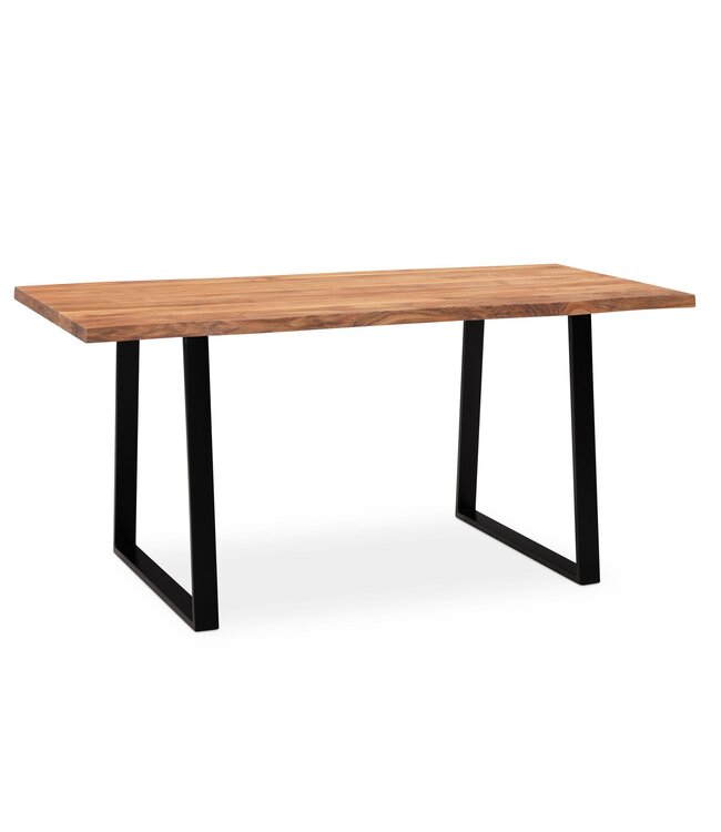 Wohnling bureau 140x80x76 cm acacia massief hout / metaal computertafel boomrand, thuiskantoor kantoortafel massief met trapeziumvormige poten in zwart, houten tafel laptoptafelstudie