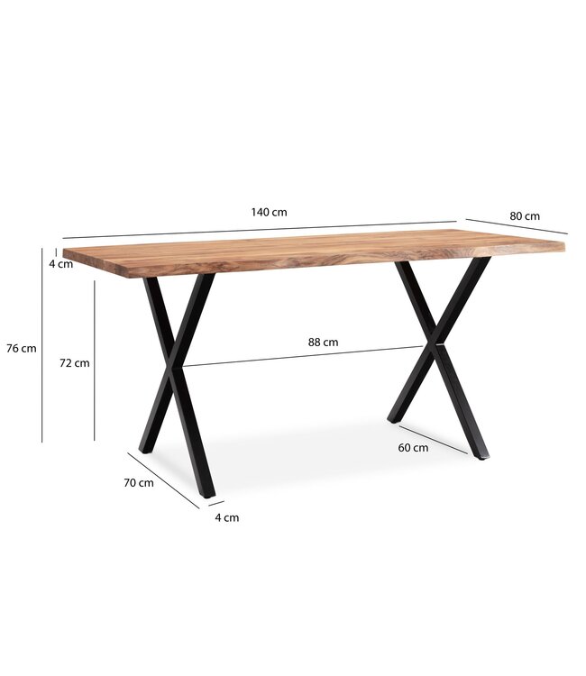 Wohnling bureau 140x80x76 cm acacia massief hout / metaal computertafel boomrand, thuiskantoor kantoortafel massief met X-poten in zwart, houten tafel laptoptafel studeerkamer