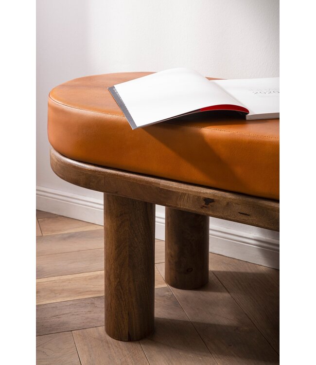 Wohnling Bank Geitenleer Mango Massief Houten Bank 140x47x40 cm Modern, Hal Gestoffeerde Bank Ongewoon, Gestoffeerde Leren Bank Bruin, Kleine Bedbank Halbank